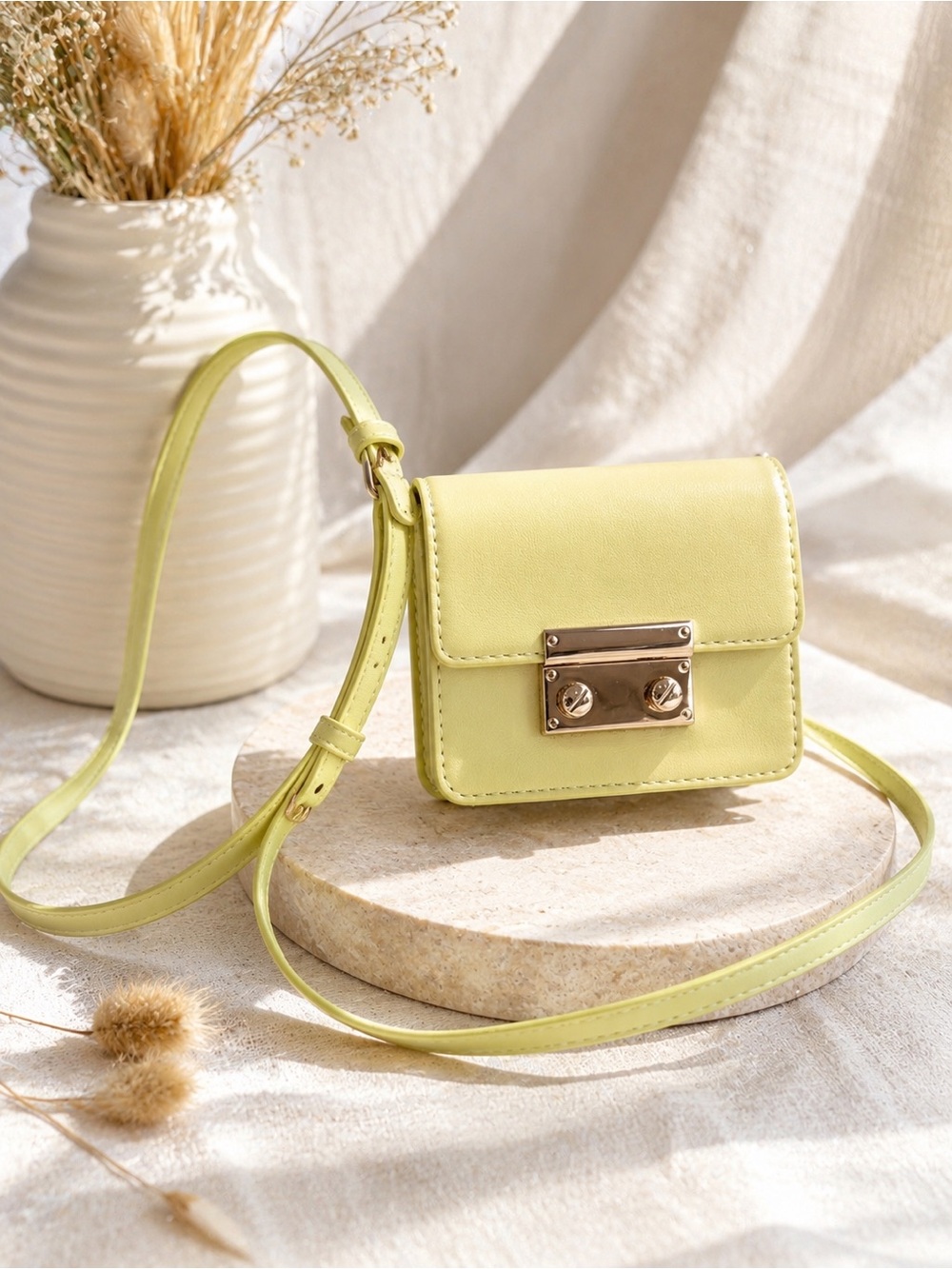 Mini Pale Yellow Crossbody Shoulder Bag Gold Turn Lock Faux Leather Purse